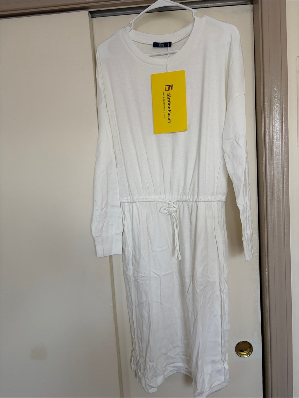 White Long Sleeve Drawstring Waist Dress - Unbranded